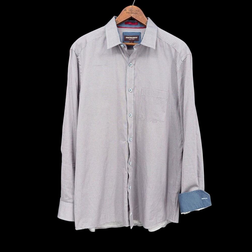 Johnston & Murphy Mens Sz L Cotton Button Down Shirt Geometric Print Flip Cuff